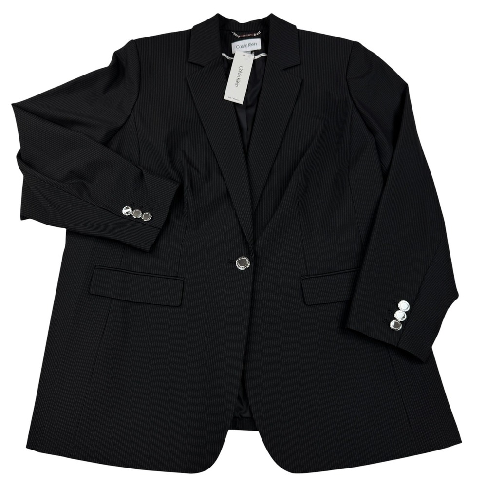 Calvin Klein Womens Pinstripe Single Button Blazer Black White 18W NEW